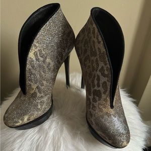 Brian Atwood Stiletto Platform Leopard Bootie Silver Gold Fortosa